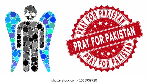 Collage death angel and corroded stamp seal with Pray for Pakistan phrase. Mosaic vector is designed with death angel icon and with random round spots. Pray for Pakistan stamp seal uses red color,