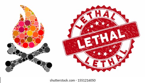 Collage death bones flame and grunge stamp seal with Lethal caption. Mosaic vector is formed from death bones flame icon and with random spheric items. Lethal stamp seal uses red color,