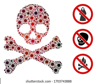 Collage death composed of coronavirus icons in various sizes, red colors. Vector viral elements are composed into abstract illustration death icon. Some bonus icons are added.