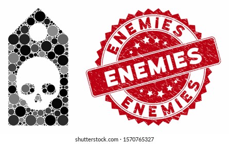 Collage death coupon and rubber stamp seal with Enemies phrase. Mosaic vector is created with death coupon icon and with scattered circle spots. Enemies stamp seal uses red color, and rubber texture.