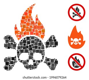 Collage Death fire icon designed from square items in variable sizes and color hues. Vector square items are combined into abstract collage death fire icon. Bonus pictograms are placed.