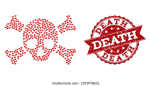 Collage death skull composed with red valentine hearts, and isolated grunge stamp. Composition for Valentines Day. Death skull concept constructed with small scattered dating heart elements.