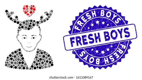 Collage deceived horned husband icon and rubber stamp seal with Fresh Boys text. Mosaic vector is composed with deceived horned husband pictogram and with random round spots.