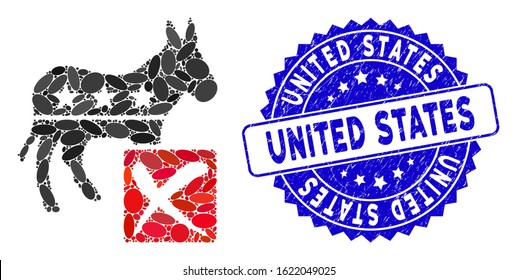 Collage decline democratic icon and rubber stamp seal with United States caption. Mosaic vector is composed with decline democratic pictogram and with randomized ellipse spots.