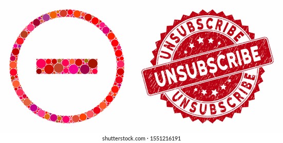 Collage delete and rubber stamp seal with Unsubscribe phrase. Mosaic vector is formed with delete icon and with random round spots. Unsubscribe stamp seal uses red color, and rubber texture.