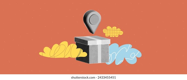 Collage of delivery. Box with geo local pin in the clouds. Cutout halftone elements with doodle textures on orange paper. Vector trendy illustration with contemporary design