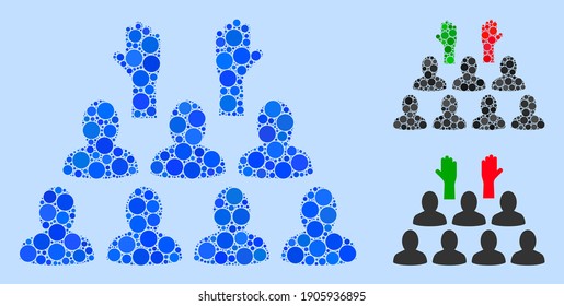 Collage Democratization icon composed of spheric items in different sizes, positions and proportions. Vector blue round items are composed into abstract collage democratization icon.