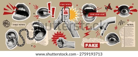 A collage depicting elements of misinformation and communication in a mixed media style. Monochrome tones with red accents create a dynamic narrative.