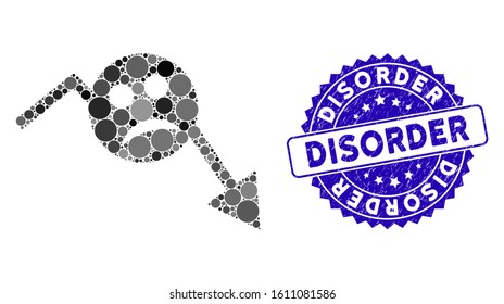 Collage depression smiley trend arrow icon and rubber stamp seal with Disorder text. Mosaic vector is formed with depression smiley trend arrow pictogram and with random circle spots.