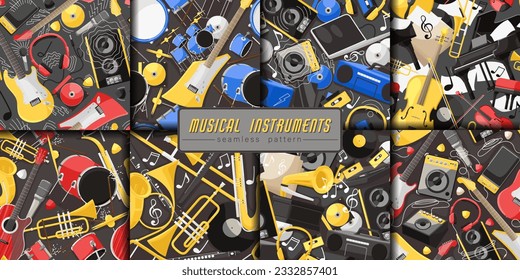 Collage of design art cover with various instruments. Music pattern for playlists with different song melody. Listening in headphones. Seamless pattern. Concept of musical covers. Vector illustration