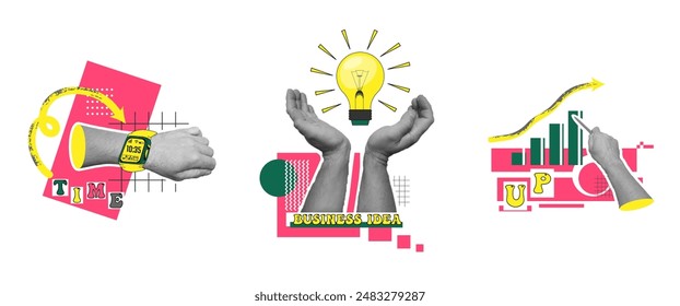 Collage design for business, web design, and programming. Hands with a clock, a light bulb, and a pen showing a growth graph. Vector illustration.