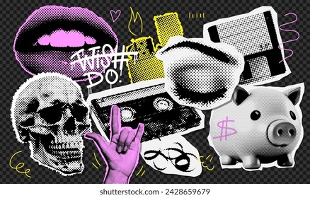 Elementos de diseño de collage en estilo punteado de moda. Calavera de efecto semitono retro, mano de roca, boca, ojo cerrado, casete, disquete, hucha, encendedor. Vector vintage grunge punk formas de recorte