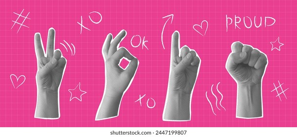 Collage design elements set in trendy y2k dotted style. Retro halftone effect. Hands different poses. Vector illustration with hand drawn elements