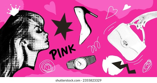 Elementos de diseño de collage en el moderno estilo de arte pop punteado con chicas, zapatos, reloj, bolso de mano.Efecto de semitono retro.Juego de accesorios de pinkcore de moda. Conjunto vectorial vintage. Estilo rosa nostálgico de los años 2000.