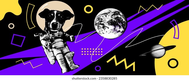 Collage design elements in trendy dotted pop art style. Retro halftone effect. Dog in space.Vector isolated elements. Print design, t-shirt print.