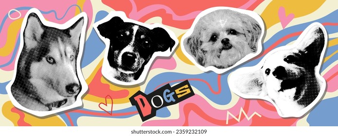 Collage design elements in trendy dotted pop art style. Retro halftone effect. Portraits of dogs of various breeds.Vector isolated elements. Cute dogs. Print design, t-shirt print