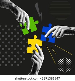 Collage design elements in trendy dotted pop art style.Team connecting puzzle symbolized creative idea on blueprint. Teamwork, team cooperation and communication. Vector illustration.