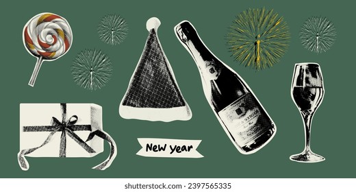 Collage design elements in trendy dotted pop art style. Christmas and New Year stickers in a trendy halftone style, including champagne, wine glass, gift box, Santa hat, Christmas candy and fireworks.