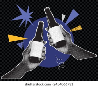 Collage design elements in trendy dotted pop art style. Retro halftone effect. Human hands hold two beer bottles.Vector illustration with vintage grunge punk cutout shapes.