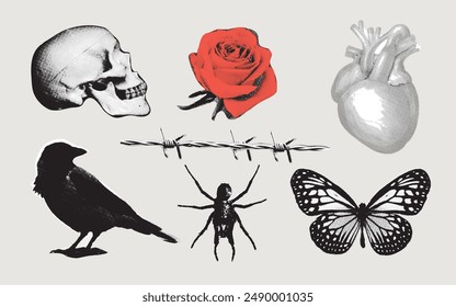 Collage design elements in trendy dotted pop art style. Gothic dark elements. Human heart, red rose, barbed wire and other trendy Y2K elements.