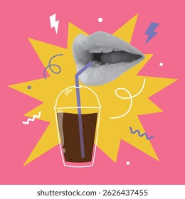 Collage design with female lips and coffee cup. Takeaway drink in plastic cup, coffee to go concept. Vector illustration