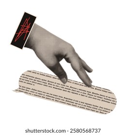 Collage design in halftone hand, speech bubble. Vector.