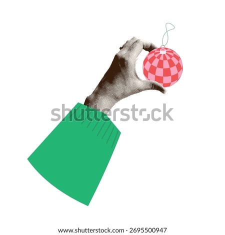 Collage design with Hand in a cozy knitted sleeve holding Christmas decoration ball. Trendy pop art template for winter holidays design. Vector illustration.