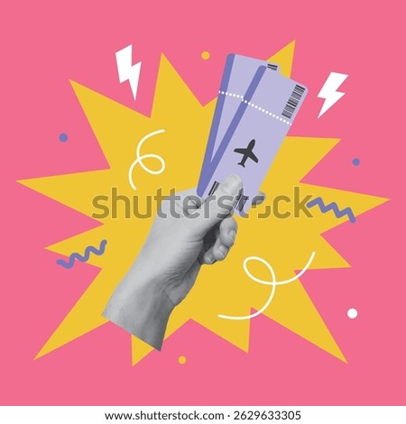 Collage design with hand holding air flight tickets. Traveling, destination concept. Vector illustration