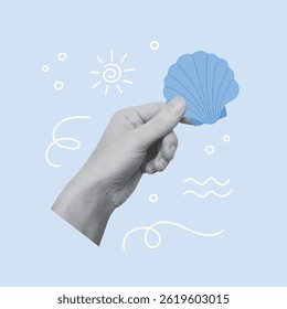 Design de colagem com mão segurando concha azul. Verão, conceito de férias. Ilustração vetorial