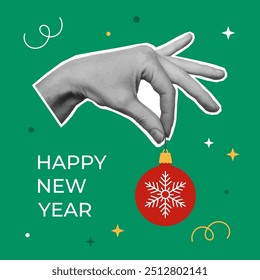 Collage design with hand holding christmas decoration ball. Trendy pop art template for winter holidays design. Vector illustration