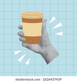 Conception de collage avec main tenant une tasse de café. Boisson à emporter dans une tasse en papier, concept café à emporter. Illustration vectorielle