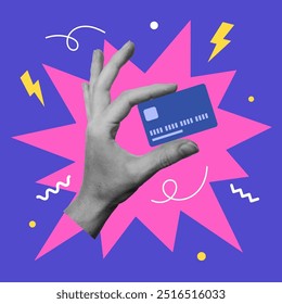 Collage design with hand holding credit card. Online shopping concept. Vector illustration