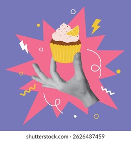 Collage design with hand holding cupcake with whipped cream. Holiday, birthday, party concept. Vector illustration