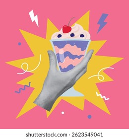 Design de colagem com mão segurando vidro com milkshake. Verão, conceito de férias. Ilustração vetorial