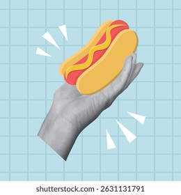 Collage design with hand holding hotdog on blue background. Template for banner, poster, social media. Vector illustration