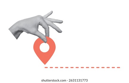 Collage design with hand holding location pin on white background. Traveling, destination, delivery route and logistic concept. Vector illustration