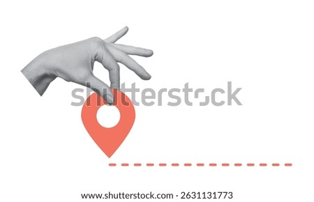 Collage design with hand holding location pin on white background. Traveling, destination, delivery route and logistic concept. Vector illustration