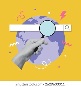 Collage design with hand holding a magnifying glass against the earth globe. Traveling, destination concept. Vector illustration