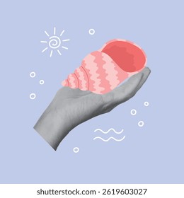 Design de colagem com a mão segurando concha. Verão, conceito de férias. Ilustração vetorial