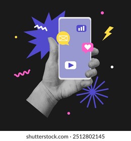 Design de colagem com a mão segurando smartphone. Conceito de mídia social, conversa, aplicativos móveis. Ilustração vetorial