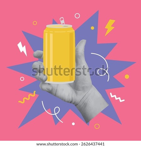 Collage design with hand holding soda metal can. Summertime, vacations concept. Vector illustration