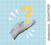 Collage design with hand holding yellow question mark. Question and answer, problem and solution concept. Vector illustration