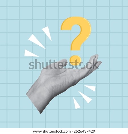 Collage design with hand holding yellow question mark. Question and answer, problem and solution concept. Vector illustration