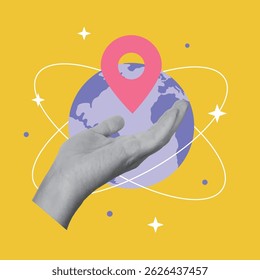 Collage design with hand and location pin against the earth globe. Traveling, destination concept. Vector illustration