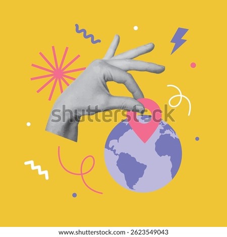 Collage design with hands holding location pin over the earth globe. Traveling, destination concept. Vector illustration