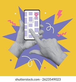 Collage design with hands holding smartphone with gps navigation on the screen. Traveling, destination concept. Vector illustration