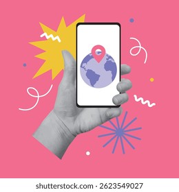 Collage design with hands holding smartphone with earth globe on the screen. Traveling, destination concept. Vector illustration