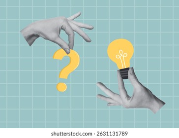 Collage design with hands holding yellow question mark and light bulb. Question and answer, problem and solution concept. Vector illustration
