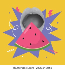Collage design with mouth and watermelon slice. Summertime, vacations concept. Vector illustration