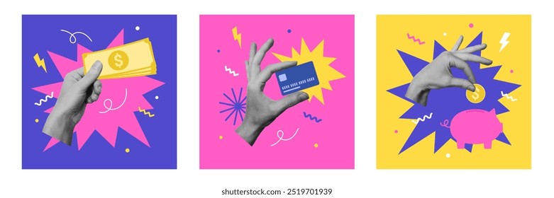 Collage designs with hands holding coin, credit card and banknote. Online shopping, banking or savings concept. Vector illustration